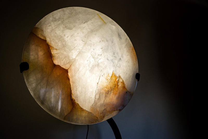 Clear Quartz Crystal Lamp with Hematite Inclusions – “Full Moon” Round Accent Light - E2D Crystals & Minerals
