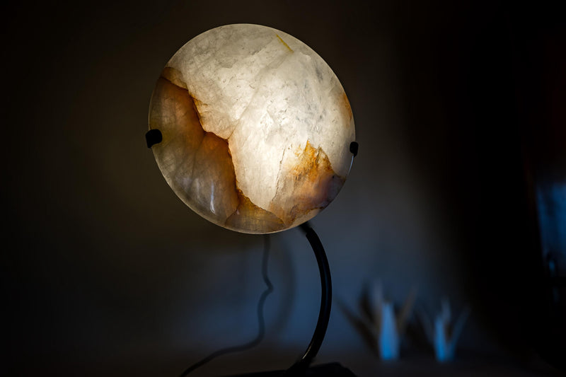Clear Quartz Crystal Lamp with Hematite Inclusions – “Full Moon” Round Accent Light - E2D Crystals & Minerals