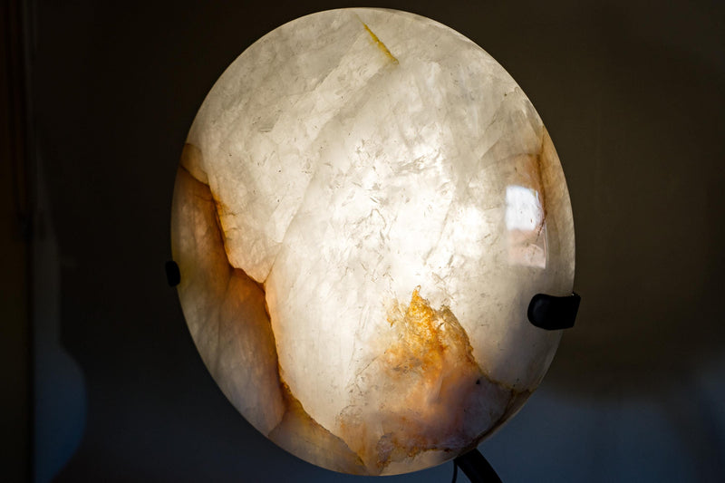 Clear Quartz Crystal Lamp with Hematite Inclusions – “Full Moon” Round Accent Light - E2D Crystals & Minerals