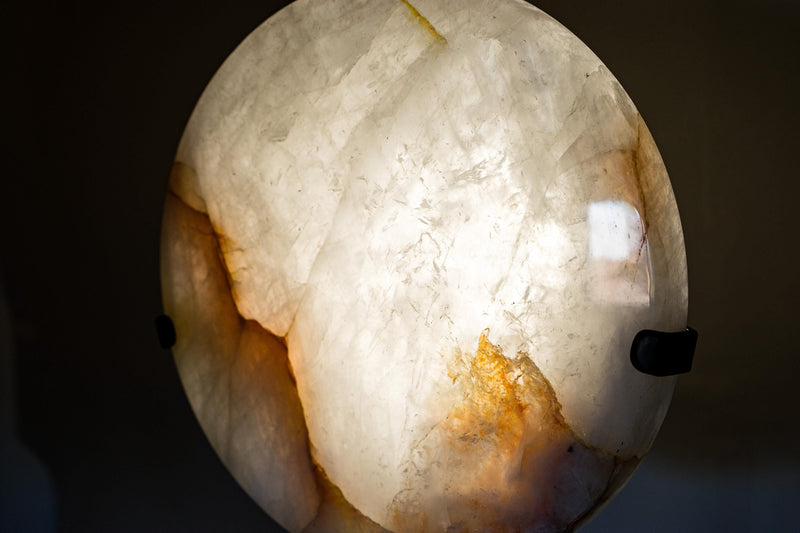 Clear Quartz Crystal Lamp with Hematite Inclusions – “Full Moon” Round Accent Light - E2D Crystals & Minerals