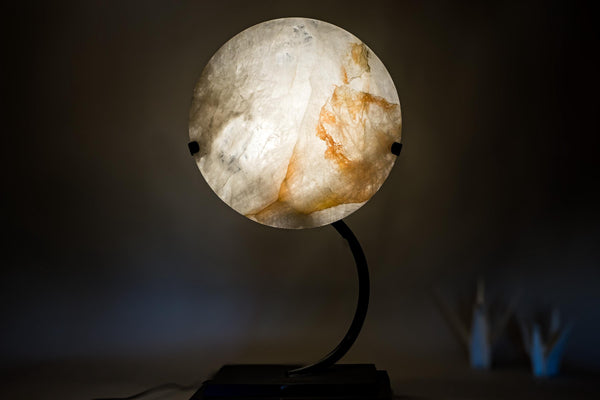 Clear Quartz Crystal Lamp with Hematite Inclusions – “Full Moon” Round Accent Light - E2D Crystals & Minerals
