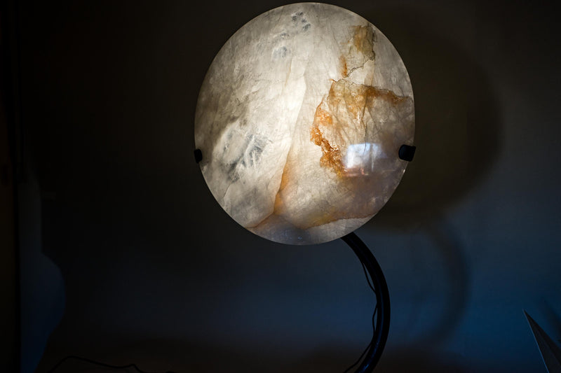 Clear Quartz Crystal Lamp with Hematite Inclusions – “Full Moon” Round Accent Light - E2D Crystals & Minerals