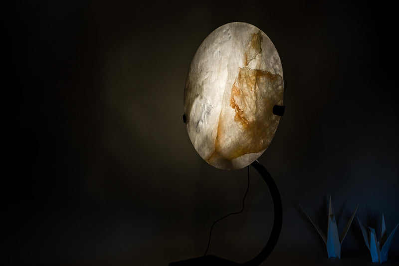 Clear Quartz Crystal Lamp with Hematite Inclusions – “Full Moon” Round Accent Light - E2D Crystals & Minerals