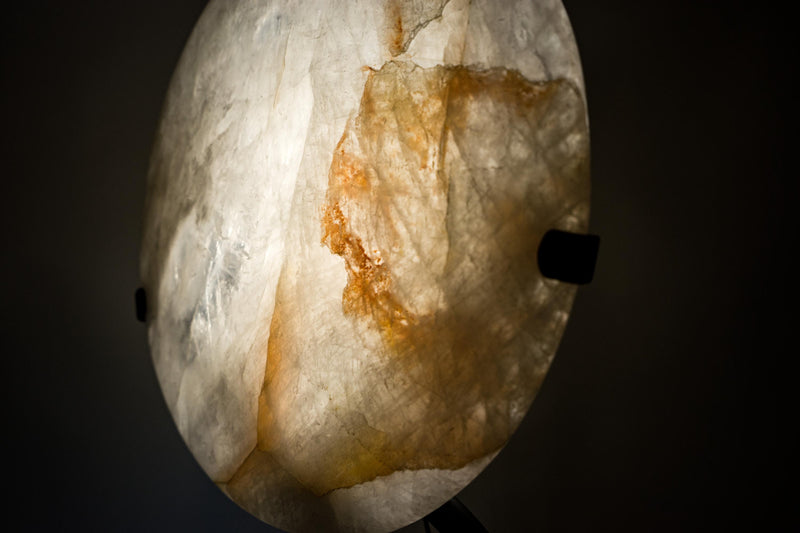 Clear Quartz Crystal Lamp with Hematite Inclusions – “Full Moon” Round Accent Light - E2D Crystals & Minerals