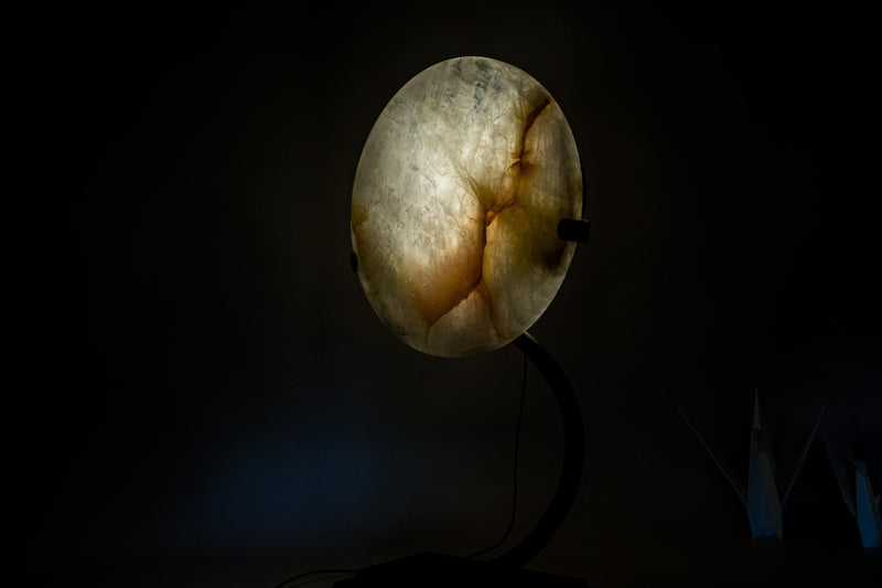 Clear Quartz Crystal Lamp with Hematite Inclusions – “Full Moon” Round Accent Light - E2D Crystals & Minerals