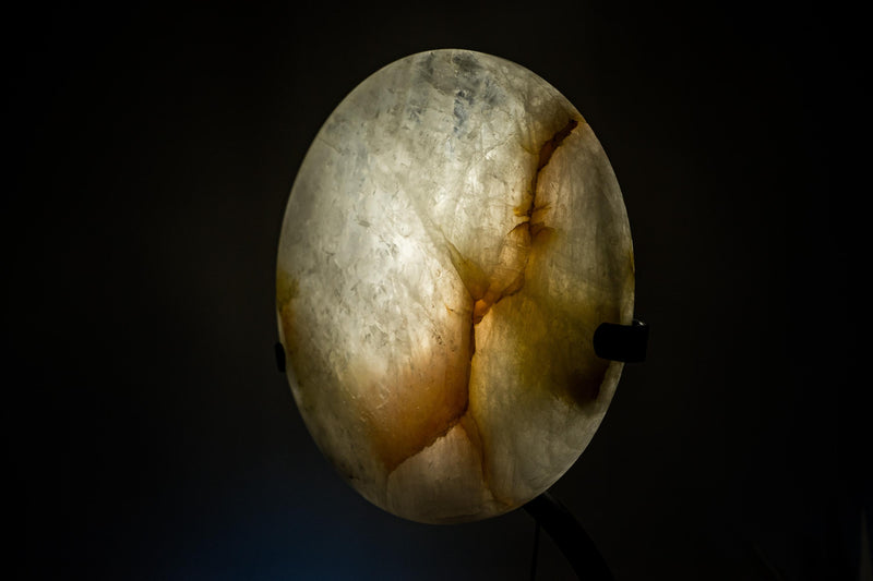 Clear Quartz Crystal Lamp with Hematite Inclusions – “Full Moon” Round Accent Light - E2D Crystals & Minerals
