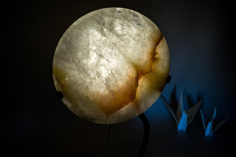 Clear Quartz Crystal Lamp with Hematite Inclusions – “Full Moon” Round Accent Light - E2D Crystals & Minerals