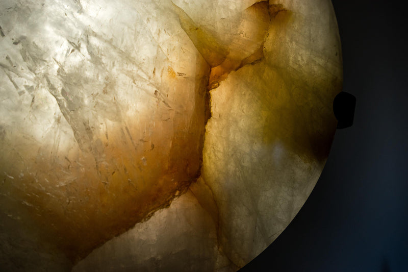 Clear Quartz Crystal Lamp with Hematite Inclusions – “Full Moon” Round Accent Light - E2D Crystals & Minerals