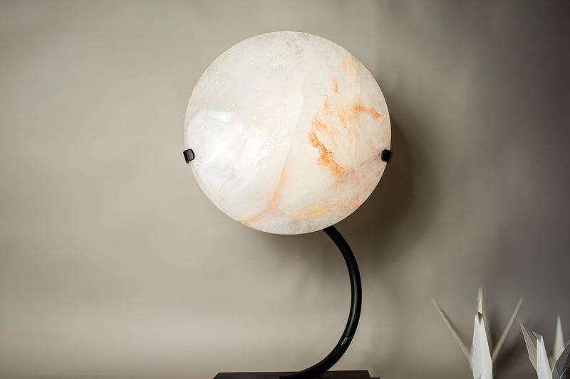 Clear Quartz Crystal Lamp with Hematite Inclusions – “Full Moon” Round Accent Light - E2D Crystals & Minerals