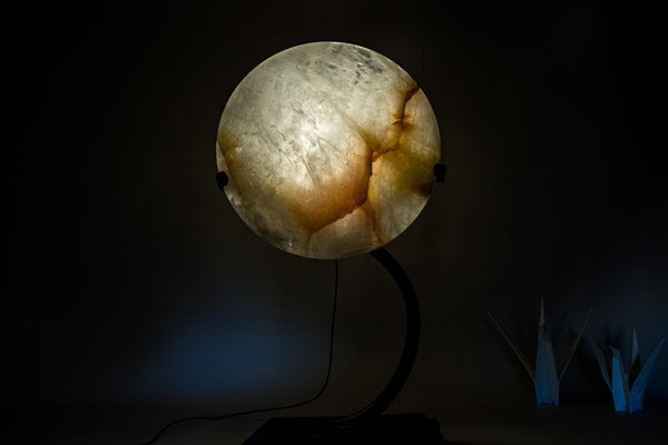 Clear Quartz Crystal Lamp with Hematite Inclusions – “Full Moon” Round Accent Light - E2D Crystals & Minerals