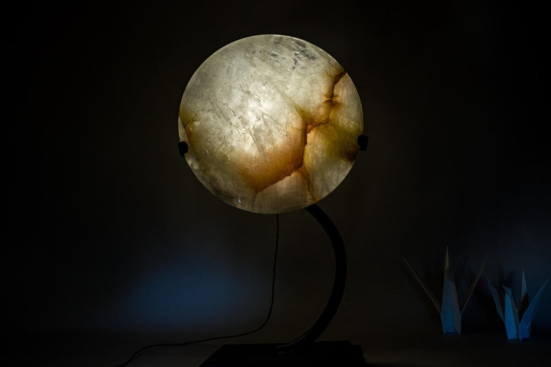 Clear Quartz Crystal Lamp with Hematite Inclusions – “Full Moon” Round Accent Light - E2D Crystals & Minerals