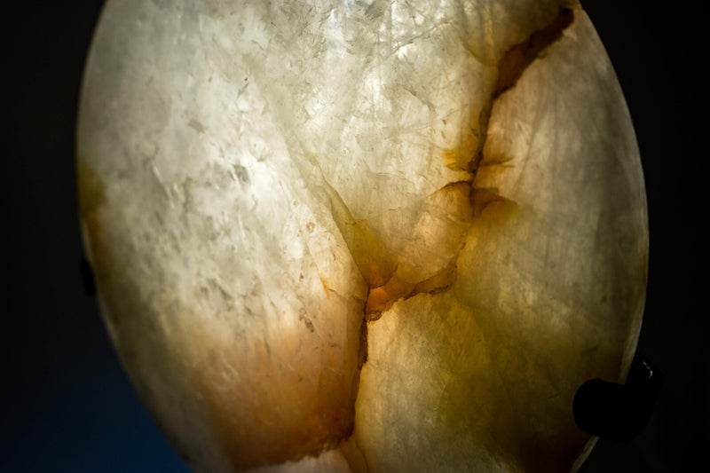 Clear Quartz Crystal Lamp with Hematite Inclusions – “Full Moon” Round Accent Light - E2D Crystals & Minerals