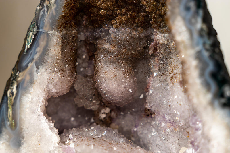 Collector’s Bi - Color Agate Geode with Sparkly Sugar Druzy & Rare White Amethyst - E2D Crystals & Minerals