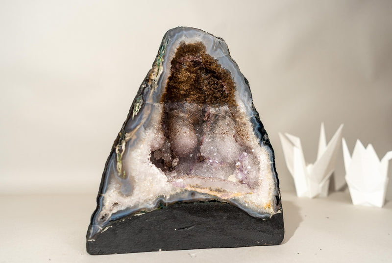 Collector’s Bi - Color Agate Geode with Sparkly Sugar Druzy & Rare White Amethyst - E2D Crystals & Minerals