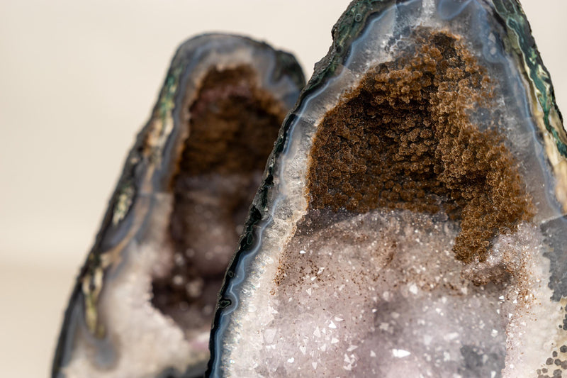Pair of Rare Bi - Color Agate Geodes with Sparkly Sugar Druzy and White Amethyst - E2D Crystals & Minerals