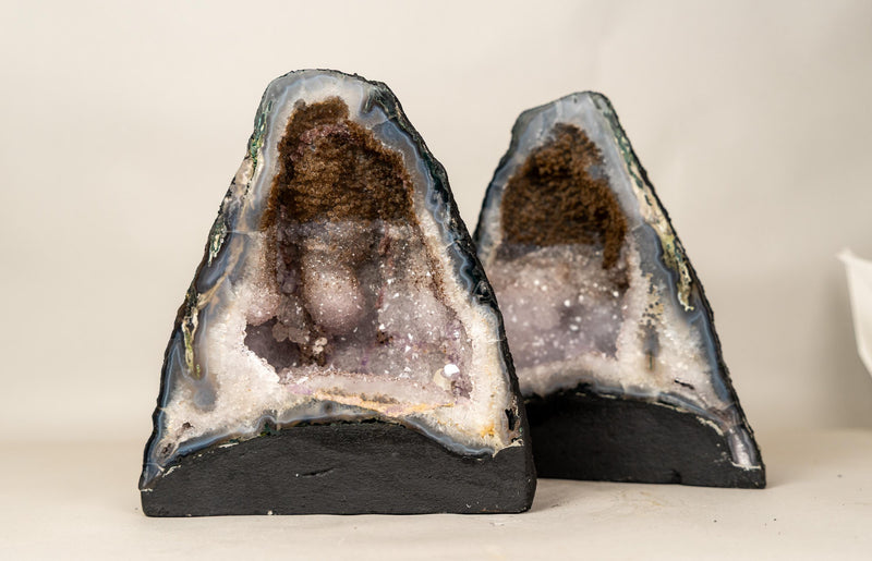 Pair of Rare Bi - Color Agate Geodes with Sparkly Sugar Druzy and White Amethyst - E2D Crystals & Minerals