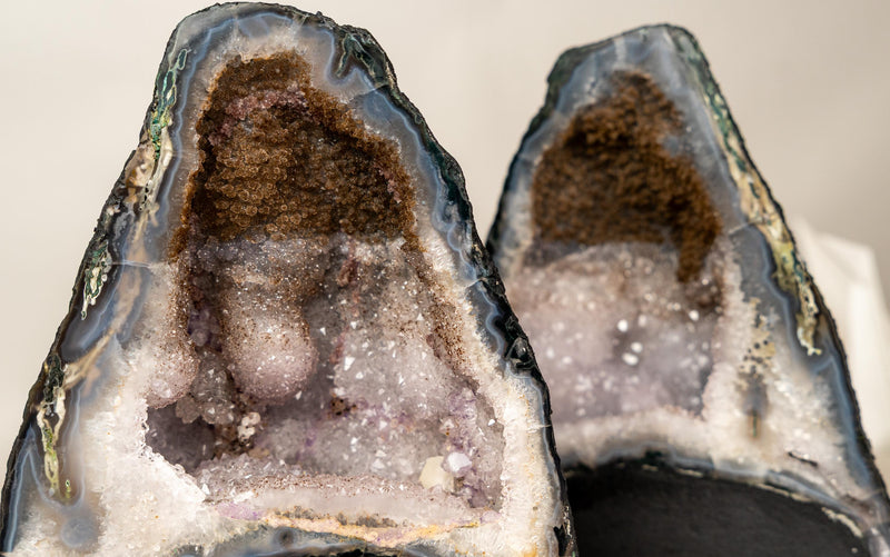 Pair of Rare Bi - Color Agate Geodes with Sparkly Sugar Druzy and White Amethyst - E2D Crystals & Minerals
