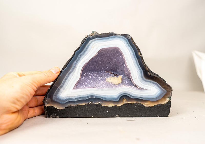 Rare Intact Blue & White Lace Agate Geode with Violet Druzy - E2D Crystals & Minerals