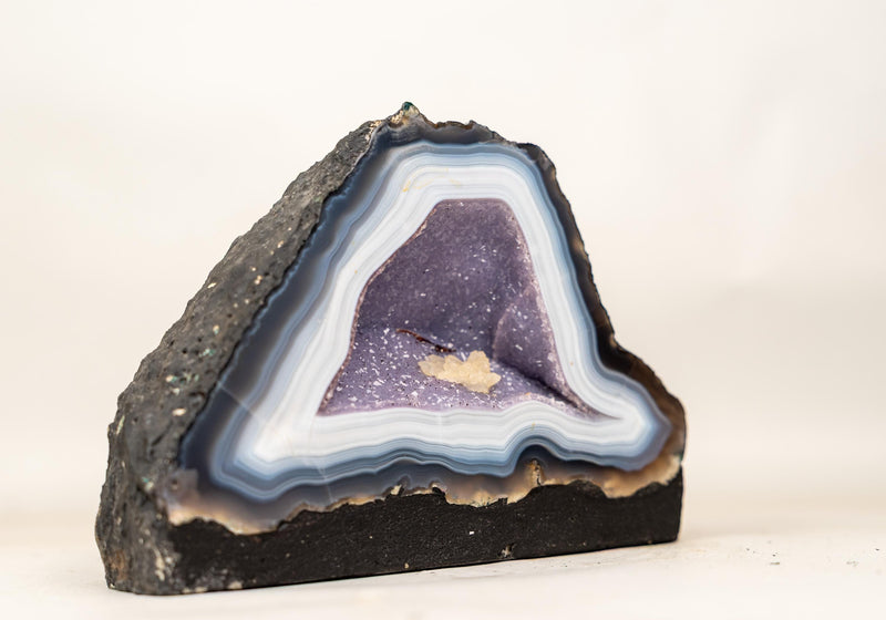 Rare Intact Blue & White Lace Agate Geode with Violet Druzy - E2D Crystals & Minerals