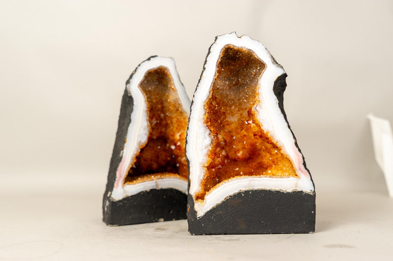 Bookmatched Pair of Citrine Geode Cathedrals with Sparkling Orange Druzy - E2D Crystals & Minerals
