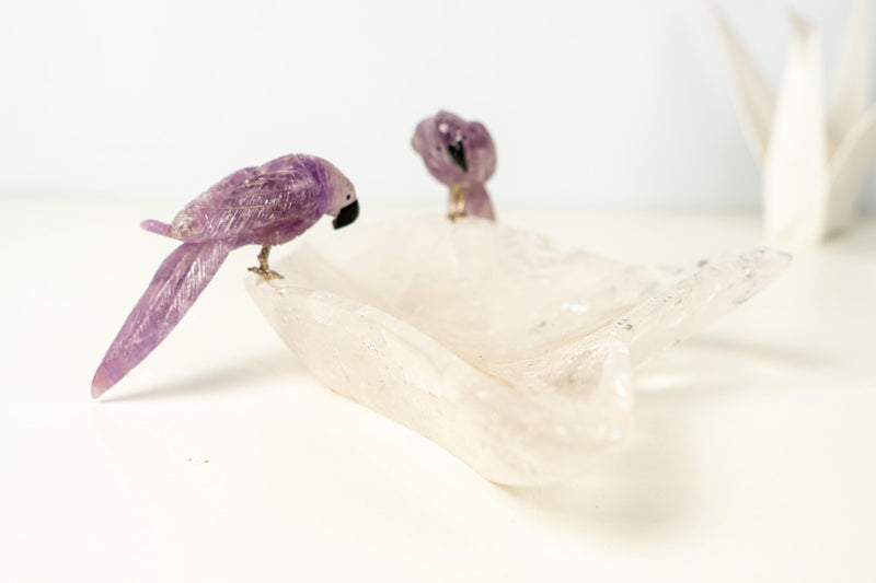 Couple of Amethyst Crystal Parrots on a Clear Quartz Bowl - E2D Crystals & Minerals