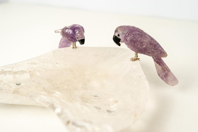 Couple of Amethyst Crystal Parrots on a Clear Quartz Bowl - E2D Crystals & Minerals