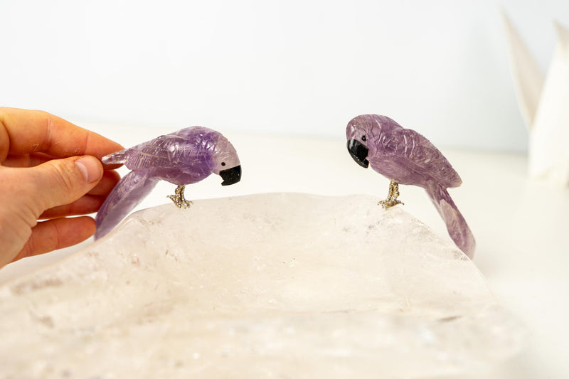 Couple of Amethyst Crystal Parrots on a Clear Quartz Bowl - E2D Crystals & Minerals