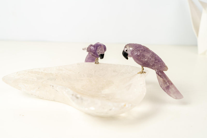 Couple of Amethyst Crystal Parrots on a Clear Quartz Bowl - E2D Crystals & Minerals