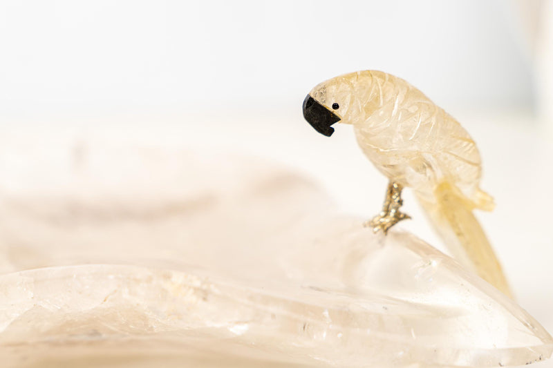 Hand - Carved Crystal Parrot on a Clear Quartz Bowl - E2D Crystals & Minerals