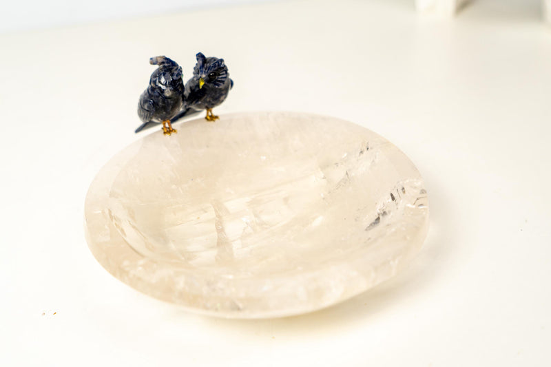 Couple of Sodalite Crystal Owls on a Clear Quartz Bowl - E2D Crystals & Minerals