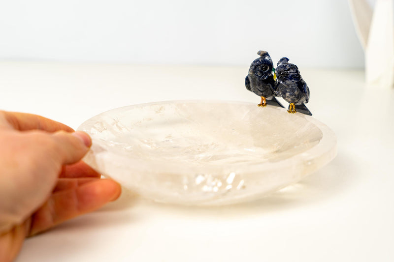 Couple of Sodalite Crystal Owls on a Clear Quartz Bowl - E2D Crystals & Minerals