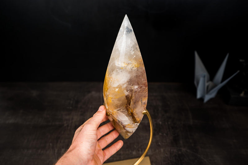 Golden Healer Quartz Crystal Flame Sculpture – Hand - Carved Hematoid Quartz - E2D Crystals & Minerals