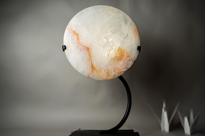 Clear Quartz Crystal Lamp with Hematite Inclusions – “Full Moon” Round Accent Light - E2D Crystals & Minerals