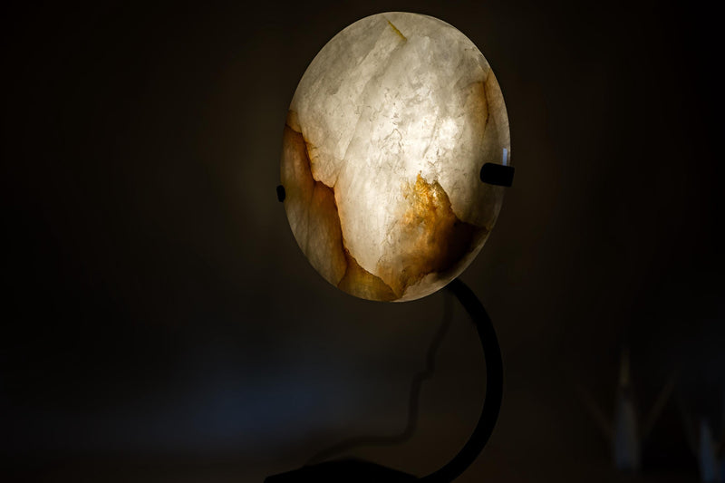 Clear Quartz Crystal Lamp with Hematite Inclusions – “Full Moon” Round Accent Light - E2D Crystals & Minerals