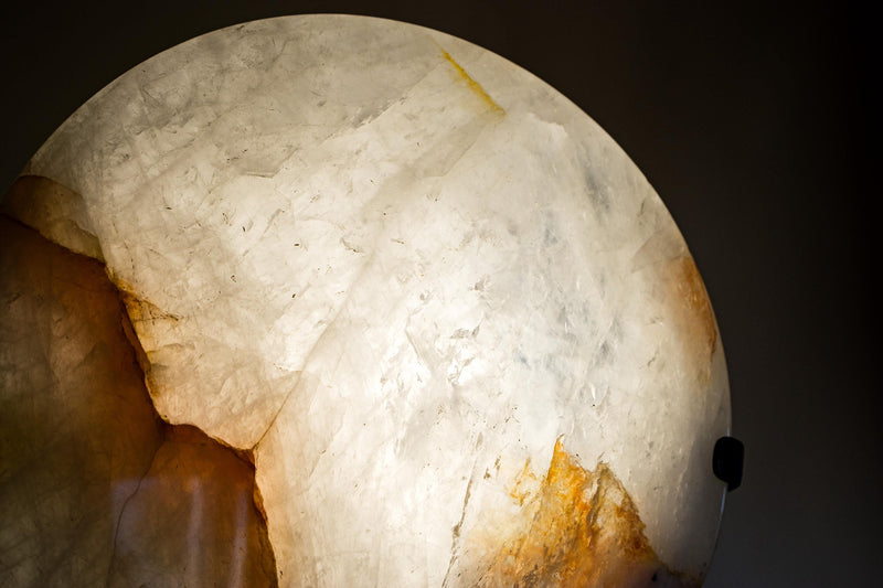 Clear Quartz Crystal Lamp with Hematite Inclusions – “Full Moon” Round Accent Light - E2D Crystals & Minerals