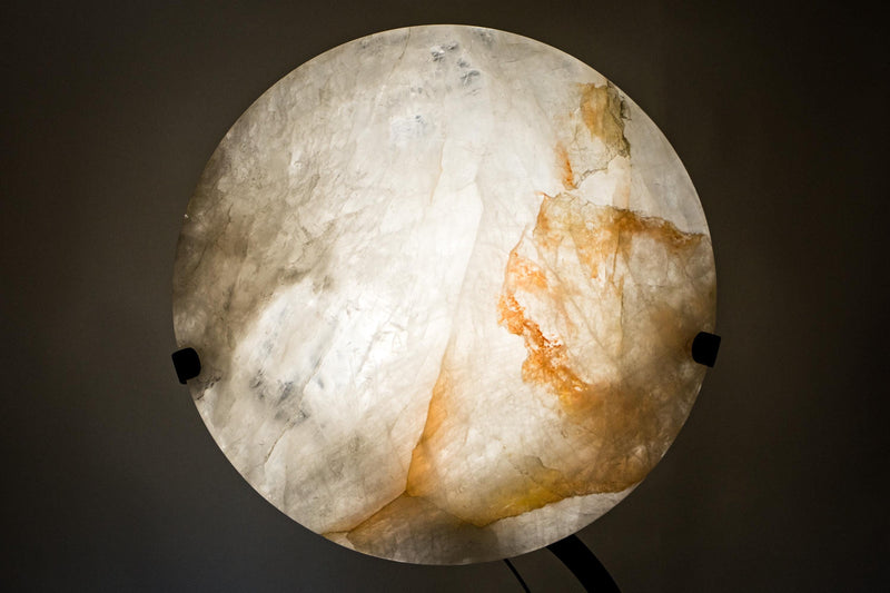 Clear Quartz Crystal Lamp with Hematite Inclusions – “Full Moon” Round Accent Light - E2D Crystals & Minerals
