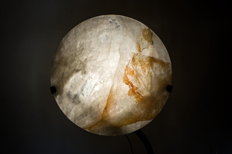 Clear Quartz Crystal Lamp with Hematite Inclusions – “Full Moon” Round Accent Light - E2D Crystals & Minerals