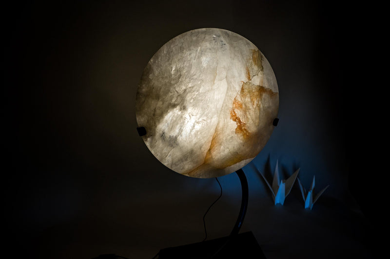 Clear Quartz Crystal Lamp with Hematite Inclusions – “Full Moon” Round Accent Light - E2D Crystals & Minerals