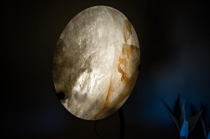 Clear Quartz Crystal Lamp with Hematite Inclusions – “Full Moon” Round Accent Light - E2D Crystals & Minerals