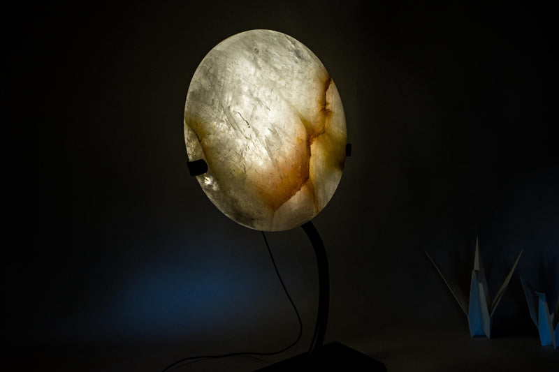 Clear Quartz Crystal Lamp with Hematite Inclusions – “Full Moon” Round Accent Light - E2D Crystals & Minerals