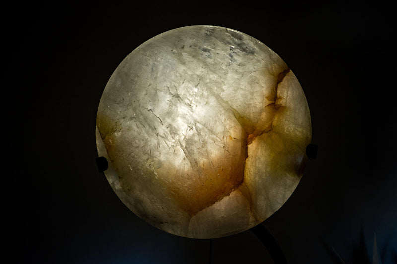 Clear Quartz Crystal Lamp with Hematite Inclusions – “Full Moon” Round Accent Light - E2D Crystals & Minerals