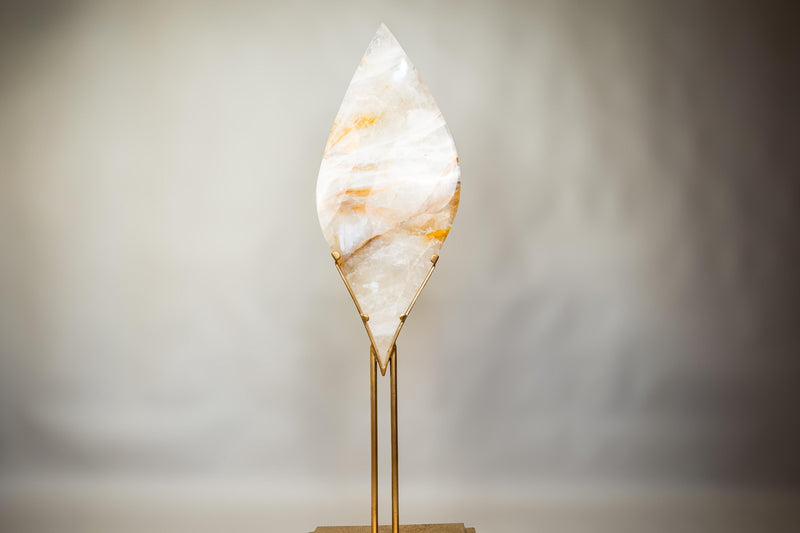 X - Large 5.2 Ft White Quartz Flame with Golden Hematite Lines – Hand - Carved Crystal Sculpture - E2D Crystals & Minerals