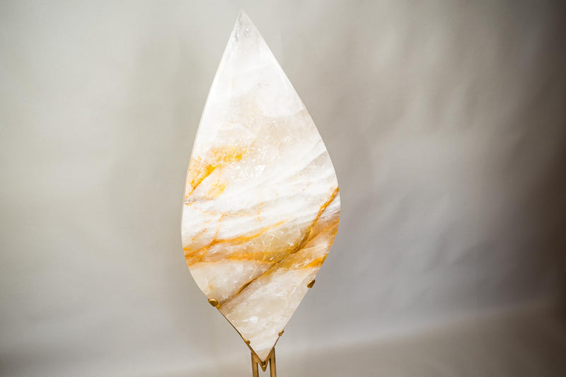 X - Large 5.2 Ft White Quartz Flame with Golden Hematite Lines – Hand - Carved Crystal Sculpture - E2D Crystals & Minerals