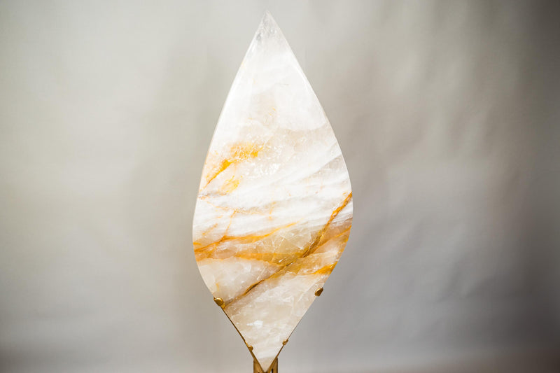X - Large 5.2 Ft White Quartz Flame with Golden Hematite Lines – Hand - Carved Crystal Sculpture - E2D Crystals & Minerals