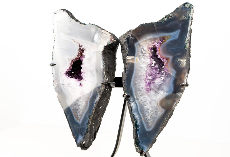 Natural Agate Butterfly Geode Wings – Blue and White Banded Agate with Druzy and Amethyst Crystals - 16.5 In - 26 Lb - E2D Crystals & Minerals