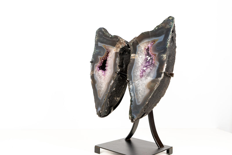 Natural Agate Butterfly Geode Wings – Blue and White Banded Agate with Druzy and Amethyst Crystals - 16.5 In - 26 Lb - E2D Crystals & Minerals