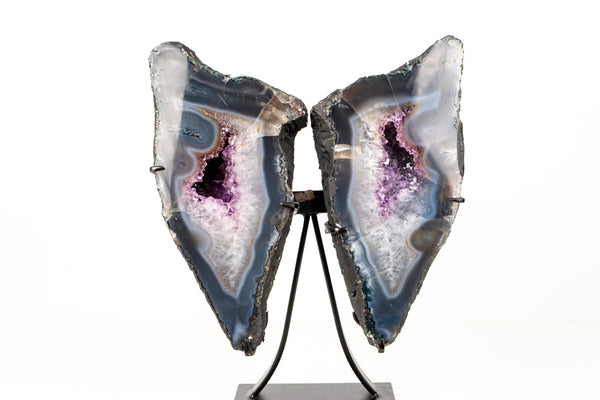 Natural Agate Butterfly Geode Wings – Blue and White Banded Agate with Druzy and Amethyst Crystals - 16.5 In - 26 Lb - E2D Crystals & Minerals