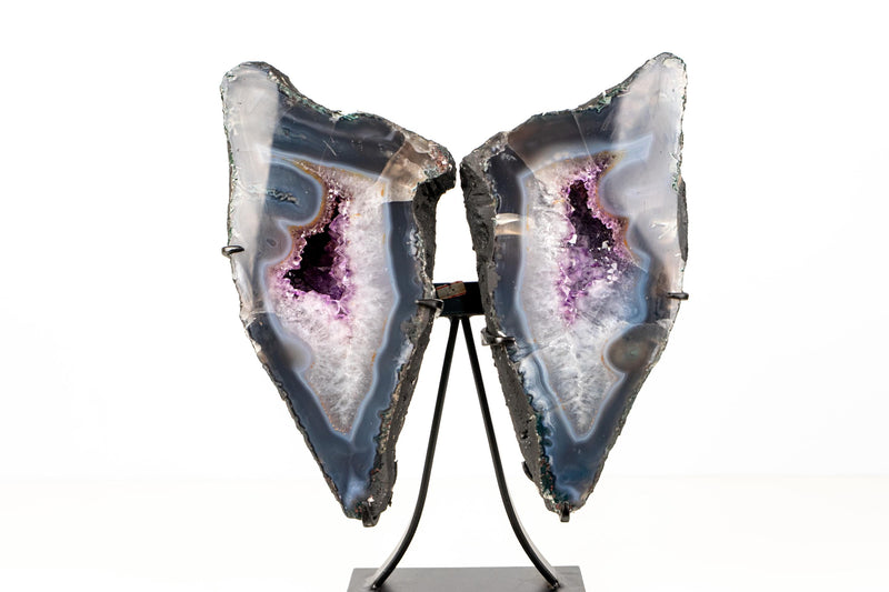 Natural Agate Butterfly Geode Wings – Blue and White Banded Agate with Druzy and Amethyst Crystals - 16.5 In - 26 Lb - E2D Crystals & Minerals