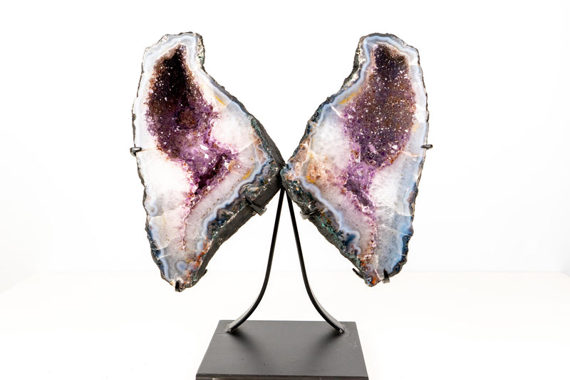 Natural Agate with Amethyst Butterfly Geode Wings – Gorgeous Lavender Amethyst with Golden Goethite Inclusions - 33.5 lb - E2D Crystals & Minerals
