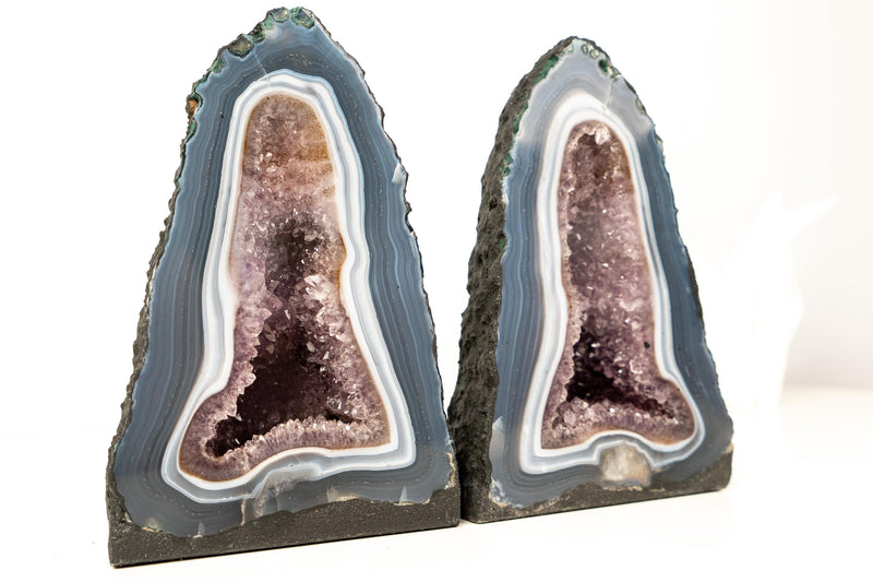 Pair of Small Blue and White Lace Agate Geodes with Lavender Amethyst Core - 8.6 Lb. 10.2 In. - E2D Crystals & Minerals